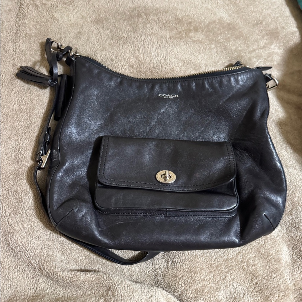 Coach Dark Leather Shoulder Bag with Front Pocket